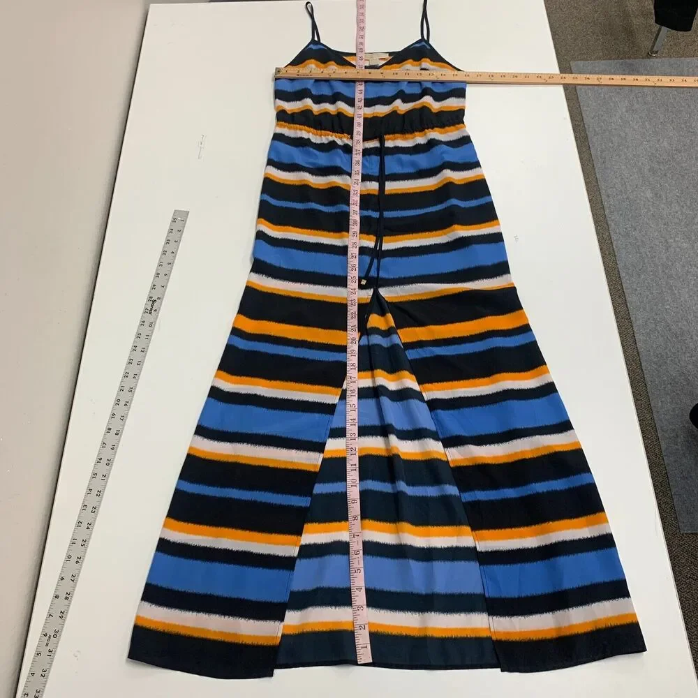 Michael Kors Striped Maci Maxi Dress Womens S Small Front Slit Waist Tie V Neck